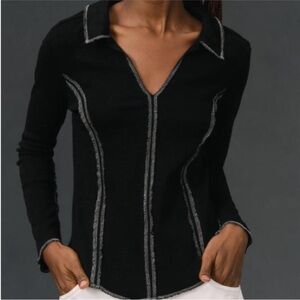 Anthropologie - Pilcro Black Long Sleeve V-Neck Top with Contrast Stitching